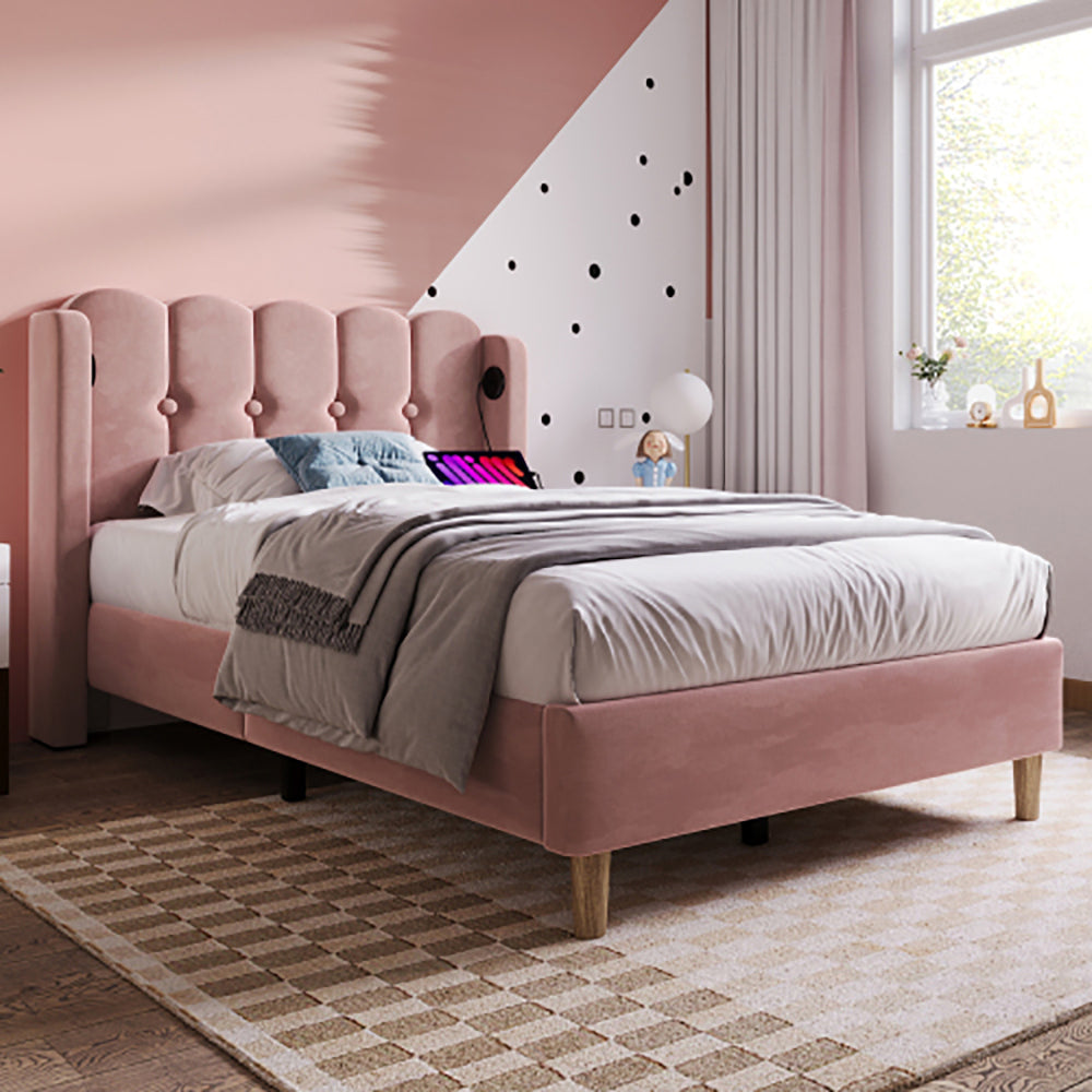 Letto singolo imbottito - Xylo - 90x200 cm - Rosa - Funzione di ricarica USB Type C