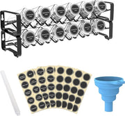 Set completo di rastrelliere con 12 contenitori vuoti per spezie a forma quadrata, etichette per spezie con marker a gesso e imbuto, per il piano di lavoro, il mobile o la parete, nero.