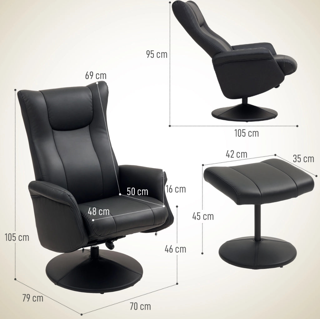 Poltrona relax girevole 360° con pouf, reclinabile, nera