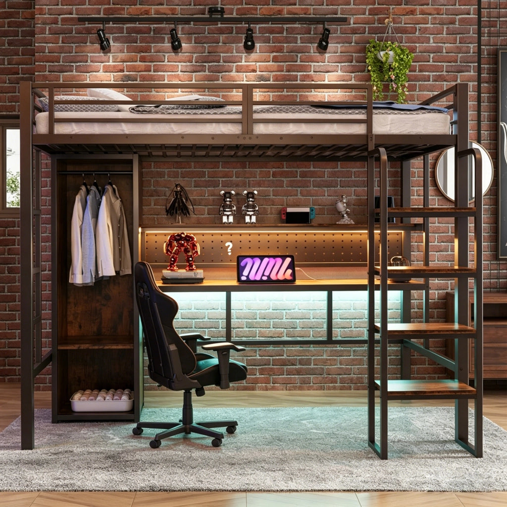 Letto a soppalco multifunzione 90x200 cm in metallo e MDF; nero; con scrivania; armadio e LED