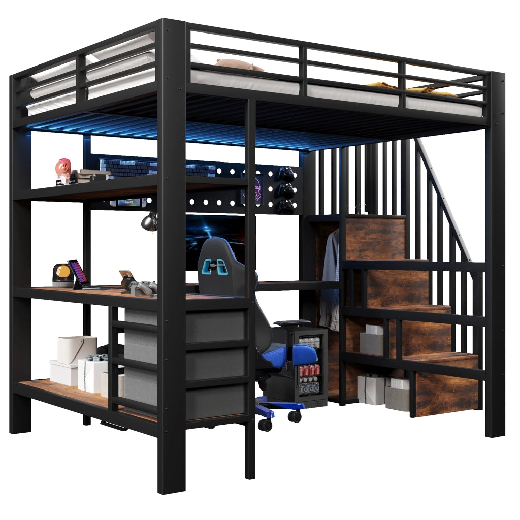 Letto a Soppalco con Cassetto, Tavolo, LED e Presa ¨C MINIMAL ¨C Metallo Nero 140x200