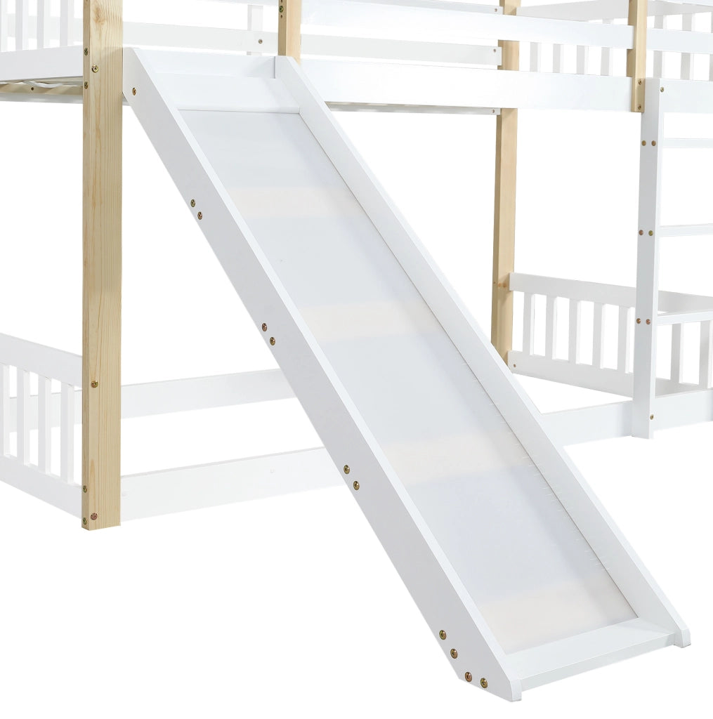 Letto a castello con finestra; scivolo e scala angolare 90x200 cm; bianco e naturale