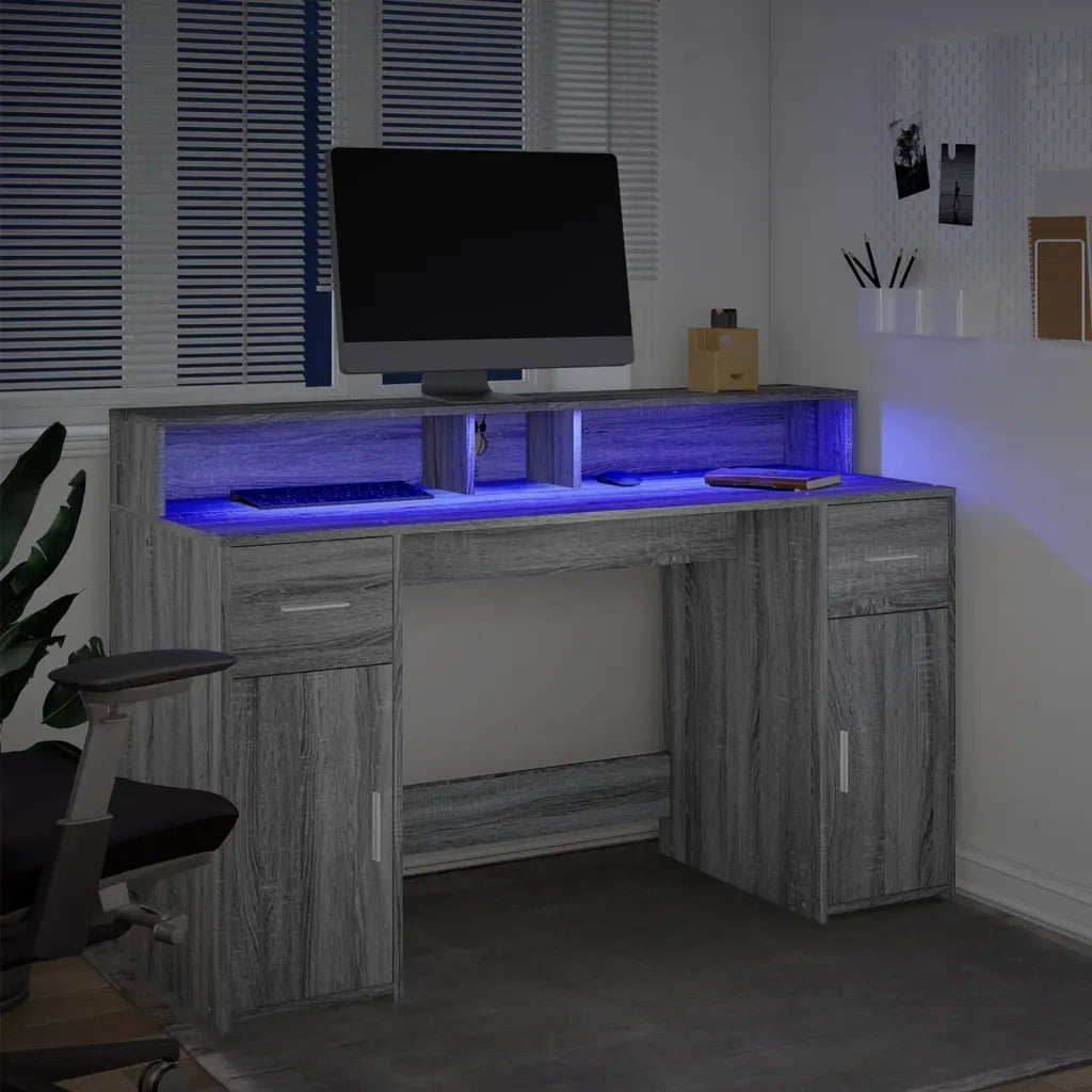 Scrivania | Tavolo da Ufficio con Luci LED Grigio Sonoma 140x55x91cm in Multistrato