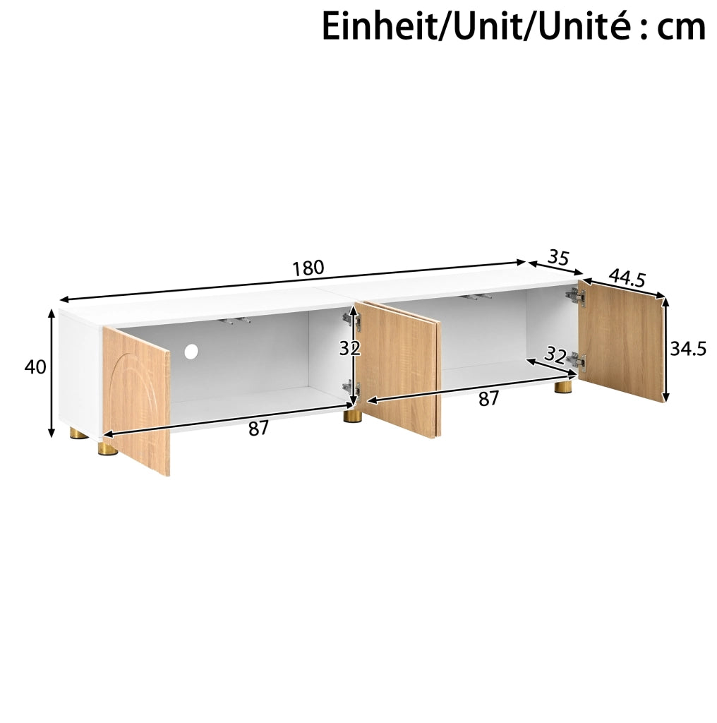 Mobile TV 180x35x40 cm con 4 ante e rilievo ad arco in MDF e pannello truciolare naturale e bianco