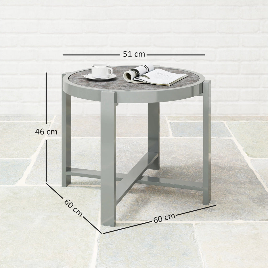 Tavolino laterale rotondo; tavolino da giardino; tavolo da balcone impermeabile; alluminio; marmo; grigio