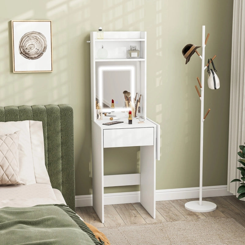 Tavolino da trucco compatto con specchio e illuminazione a LED, piano pieghevole, ripiani a giorno, cassetto, MDF, bianco