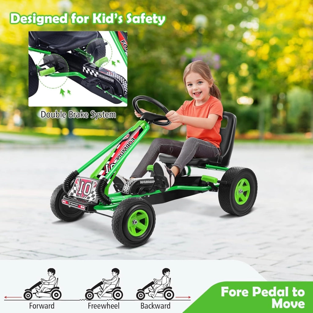 Go Kart a Pedali per Bambini, Macchina per Bambini con Sedili Regolabili in 2 Posizioni e 4 Ruote Antisdrucciolo, Carico 30 kg, per 3 Anni + (Verde, 101 X 61 X 62 CM)