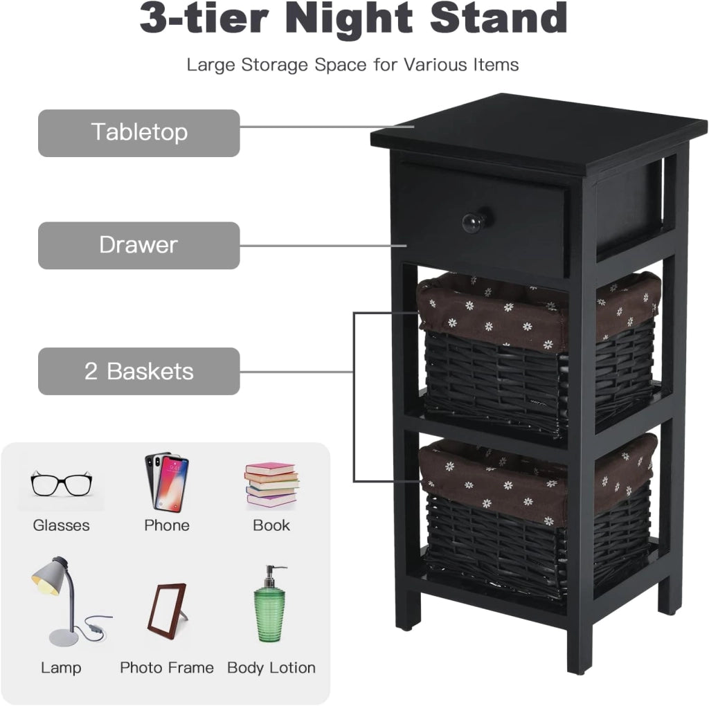 Set di 2 comodini, comodino, comodino con cassetto e 2 cestini, cassettiera antica, in legno massiccio, per camera da letto (nero, set da 2)