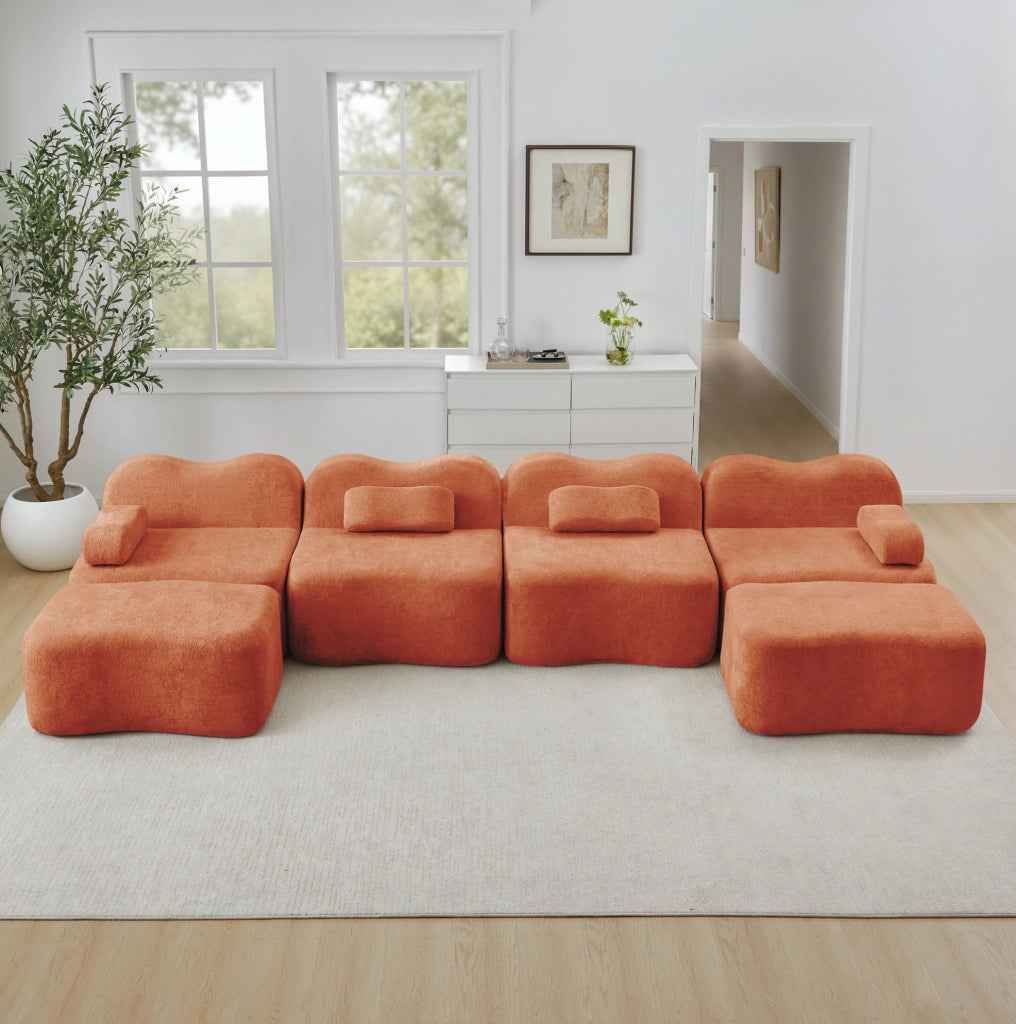 Divano modulare a U senza struttura interna in velluto arancione; 384 × 167 × 70 cm