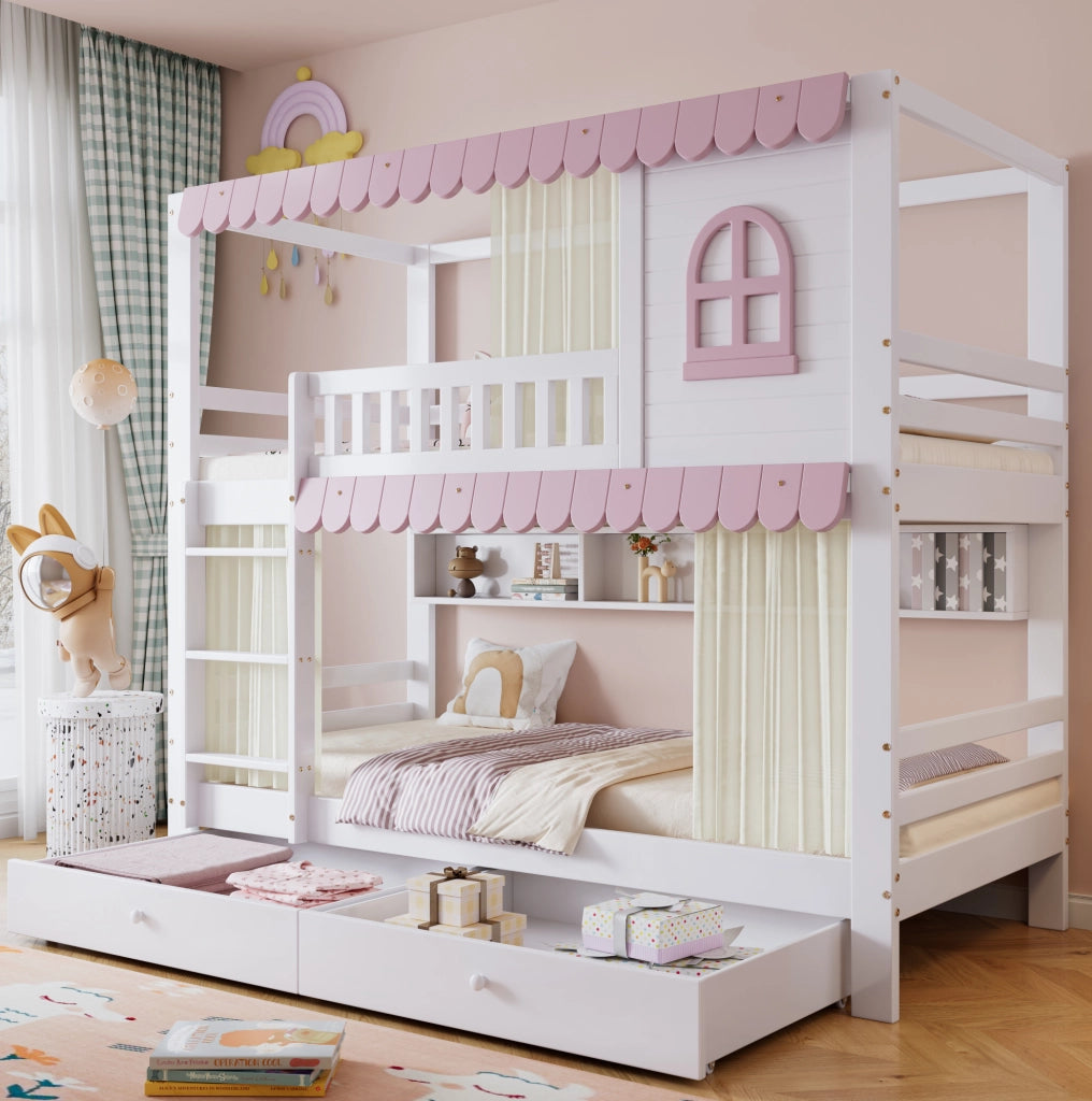 Letto a castello per bambini 90x200 cm bianco e rosa