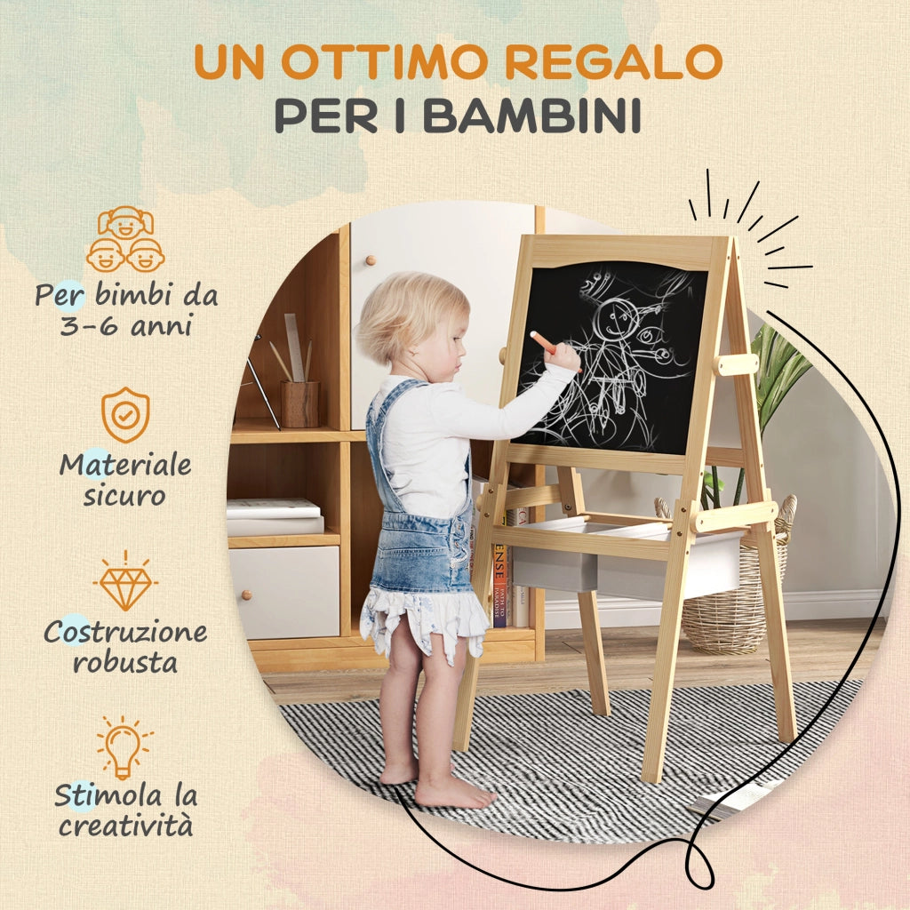 EasyComfort Lavagna per Bambini con Cavalletto 3 in 1 e Cestini, Età 3-6 anni, 58x50.5x109cm, Color legno