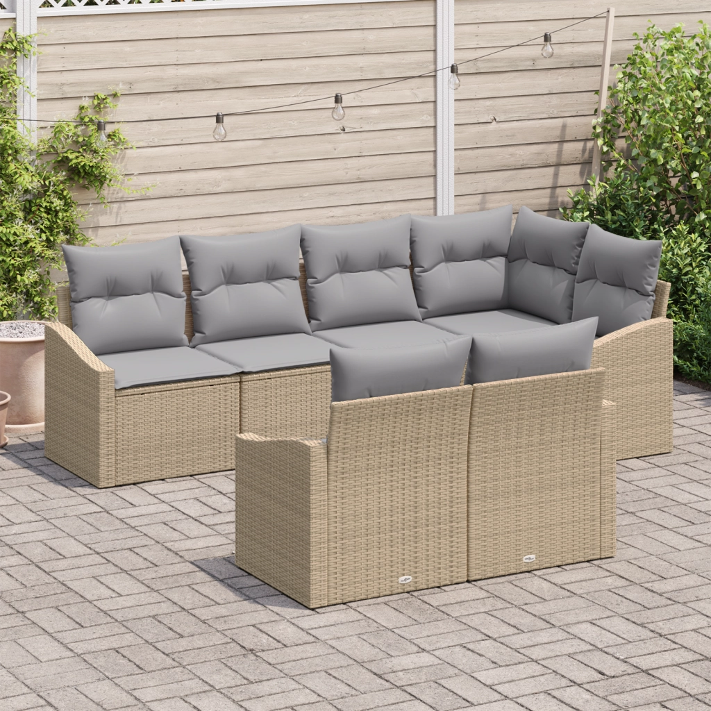 Set da pranzo da giardino 7 pezzi con cuscini grigio chiaro polirattan