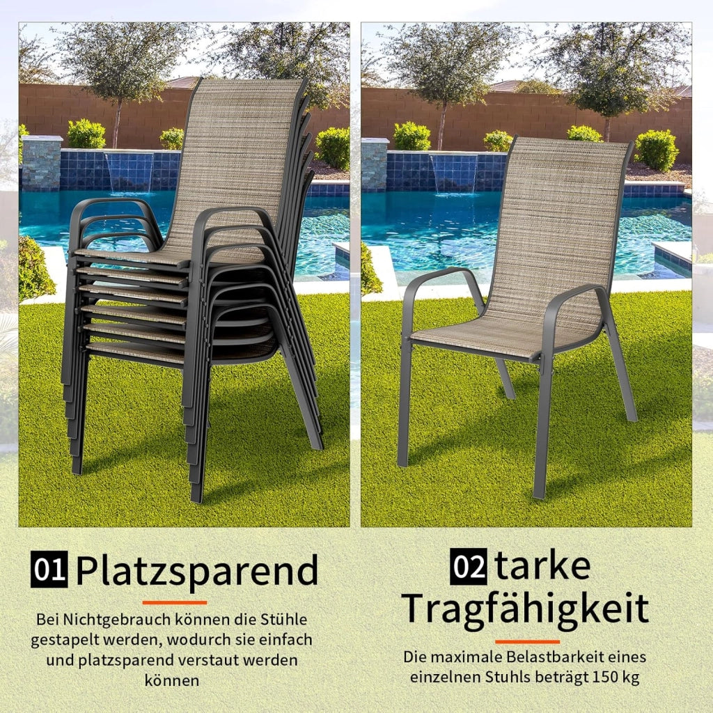 Sedia da giardino impilabile, da campeggio, impilabile, con schienale alto, in acciaio textilene, per giardini, cortili balconi ristoranti 150 kg portata: 54 x 69 x 93 cm 6pcs Lino marrone