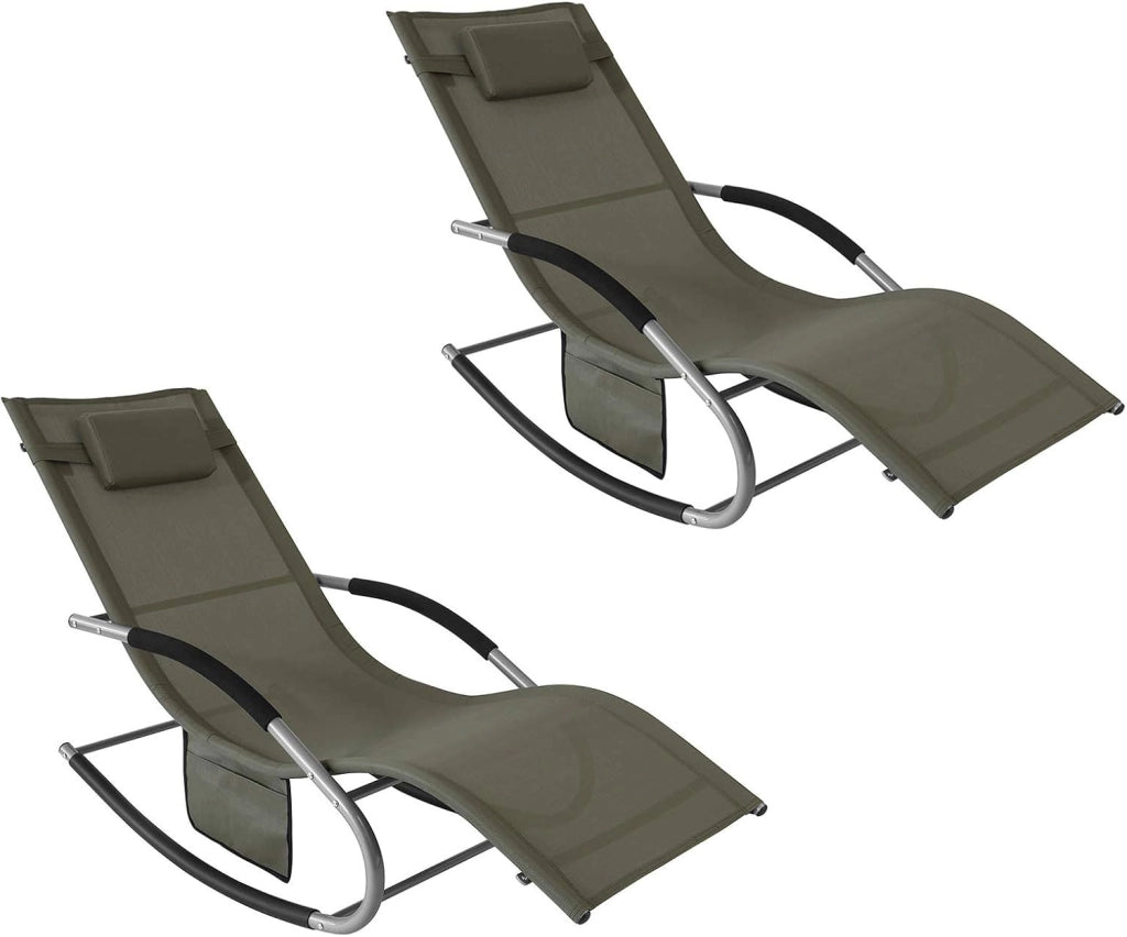 Set di 2 sedie a dondolo da esterno Poltrone sedie sdraio da giardino con cuscino e poggiatesta portata fino a 150 kg Marrone 150x63x87 cm OGS28-BRX2
