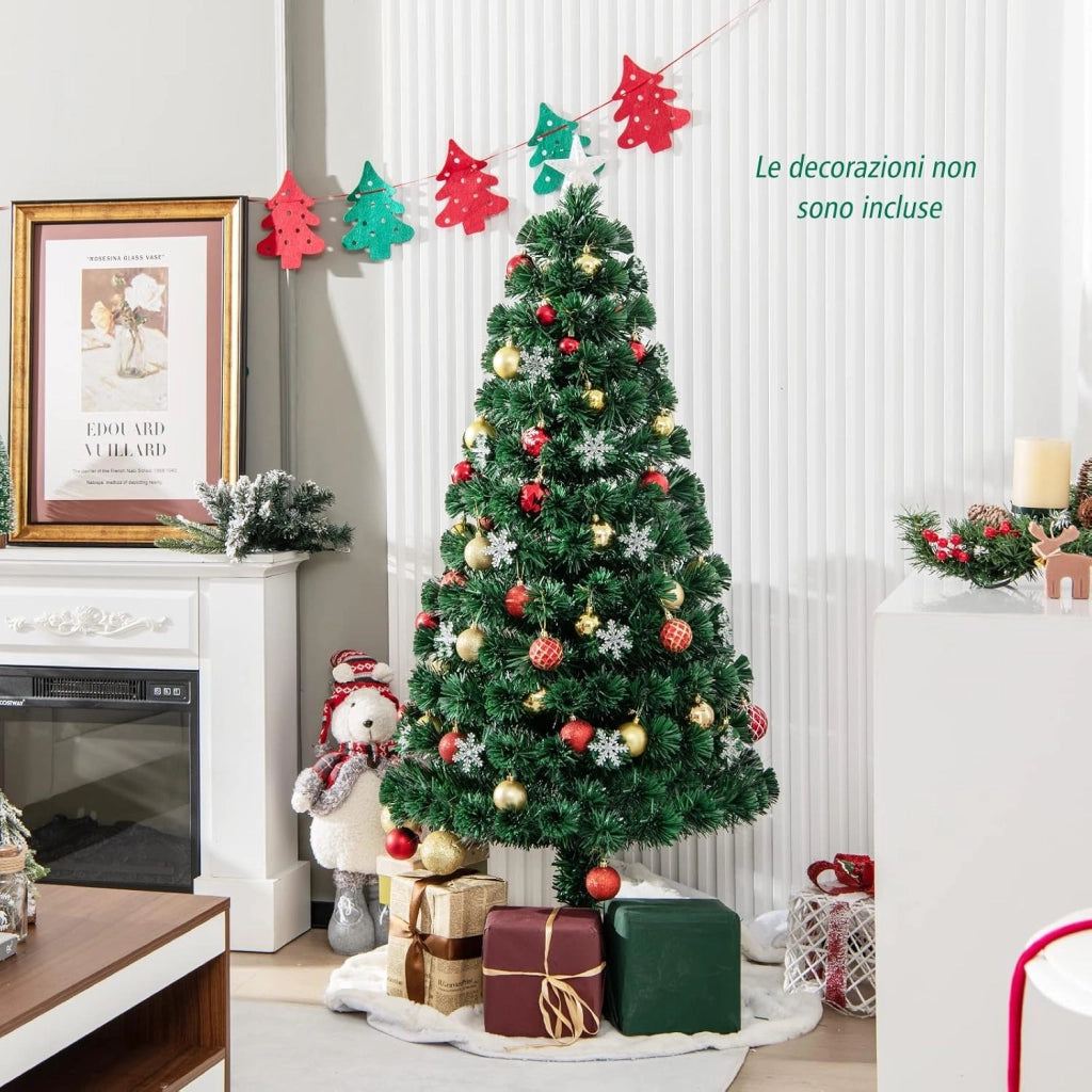 Albero di Natale 90/120/150/180 cm, Albero di Natale Artificiale con Luci LED, Rami Densi, Stelle Luminosi e Fibre Ottiche, Decorazione Natalizia per Casa, Ufficio e Negozio (150cm)
