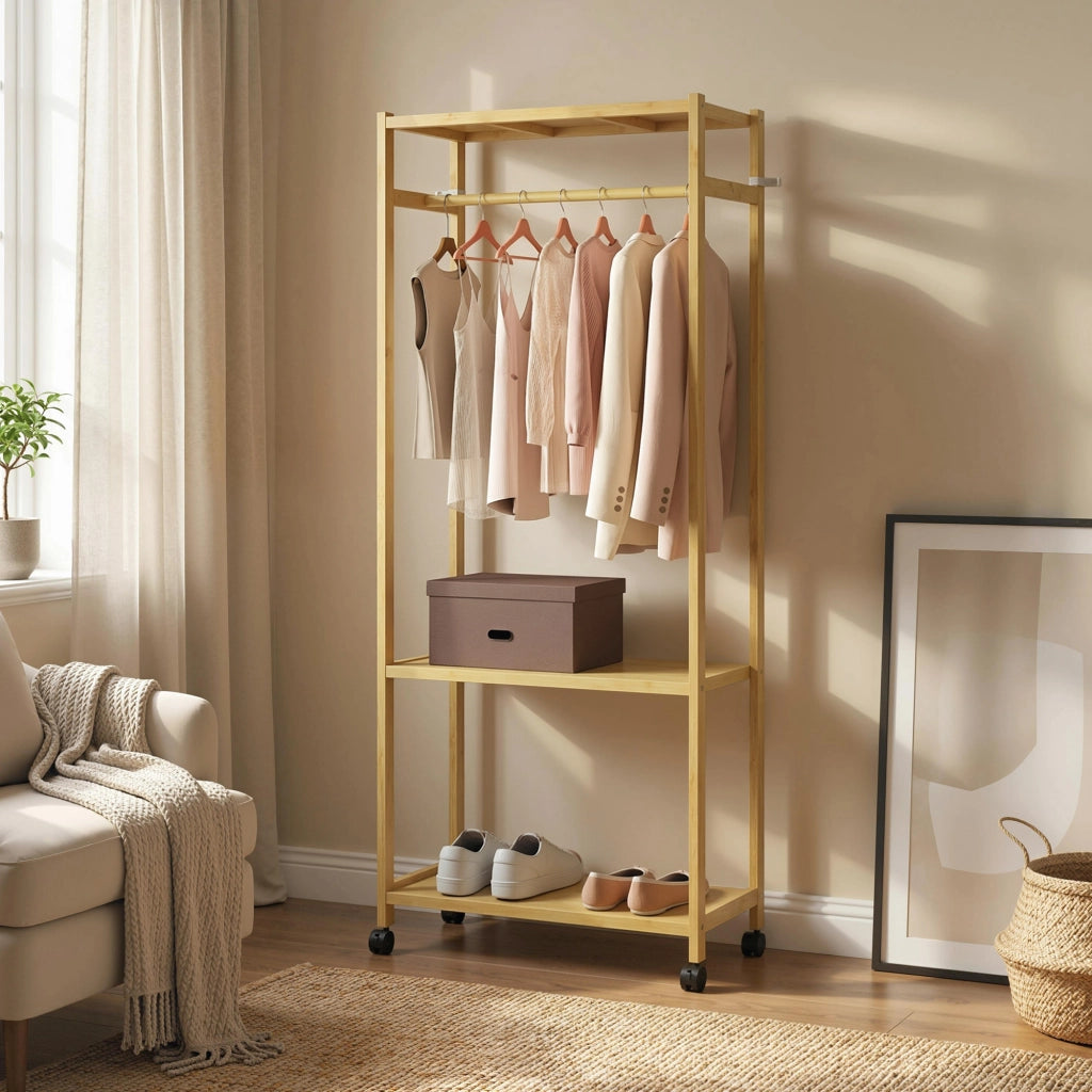 Stand Appendiabiti da Terra 70x35x175 cm con Barra Ripiani e 4 Ruote in Bambù Legno Naturale