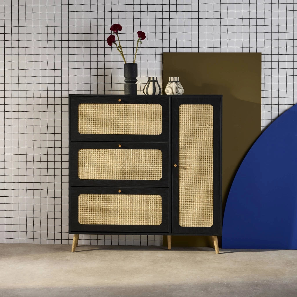 Scarpiera con decoro in legno e canna, 3 ante, nero