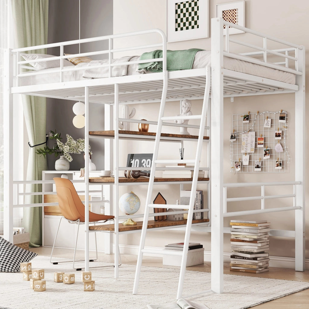 Letto a soppalco 90 x 200 cm; Letto Singolo con Scrivania; Scaffali; Sponda e Scala; senza Materasso