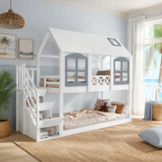 Letto a castello per bambini 90x200 cm con tetto, finestre e scala contenitore