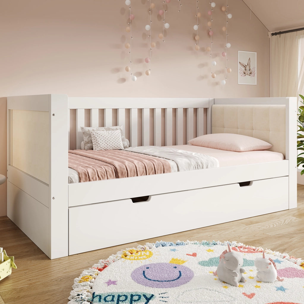 Letto divano con letto estraibile 90 × 200 cm e 90 × 190 cm, senza materasso, in legno massello, bianco