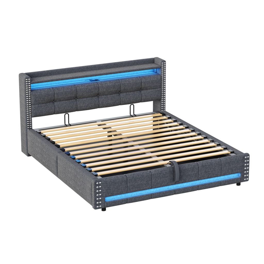 Letto Matrimoniale 160x200 cm; Letto Contenitore con USB; LED e Mensole in Tessuto Grigio