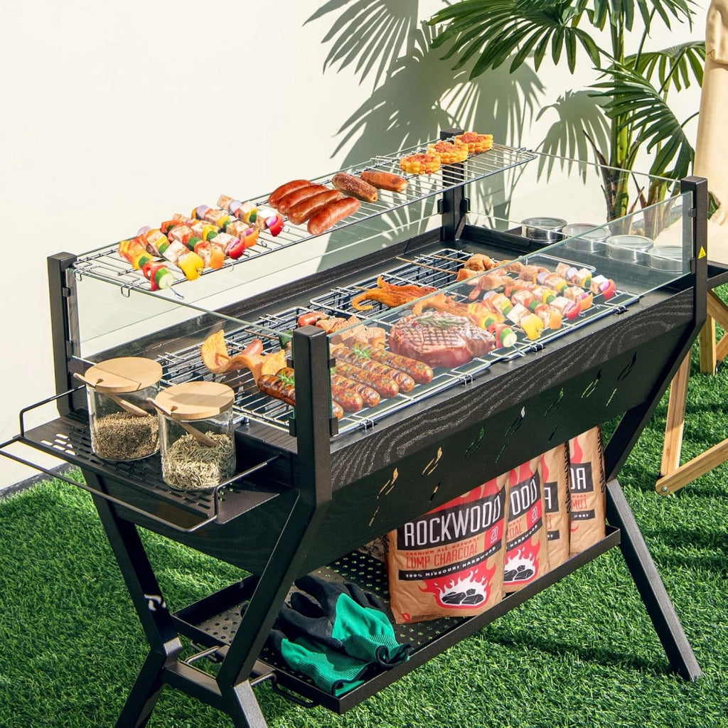 Barbecue a Carbone da Legno, con Parabrezza e Portaspezie, Griglia per Barbecue in metallo, Barbecue da campeggio con Coppia di guanti, Barbecue Esterno 3 in 1, 98 x 70 x 68 cm, Nero