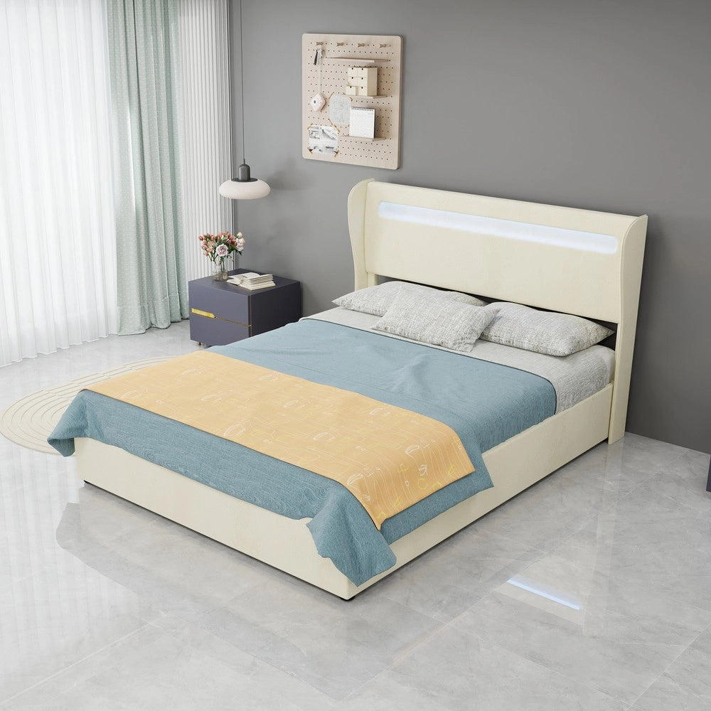 Letto Contenitore Imbottito con Testiera LED ¨C MINIMAL ¨C Velluto Beige 140x200