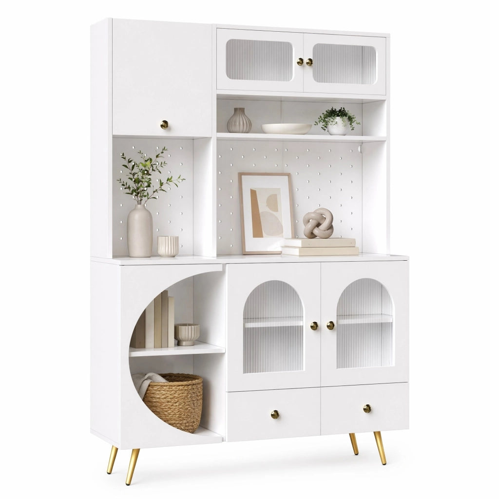 Credenza alta 120x40x176 cm bianca in MDF e vetro, LED e prese USB