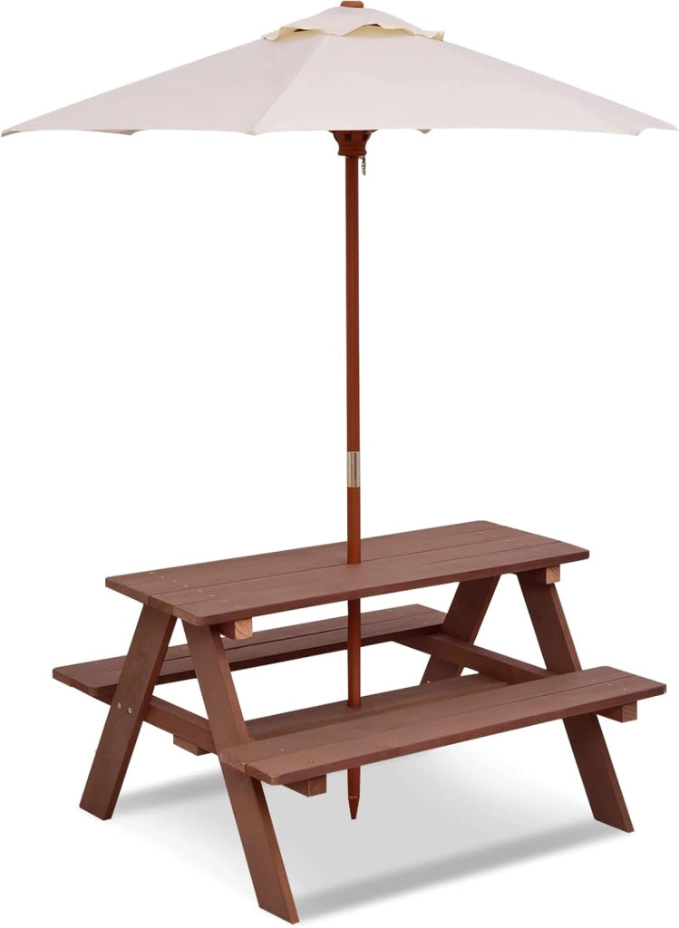 Tavolo da Picnic per Bambini con Parasole Pieghevole, Set di Tavolo e Panche per Giardino con Ombrellone Rimovibile, Panche in Legno, per Giardino, Cortile, Prato