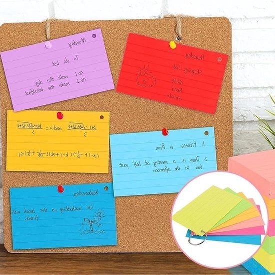 1000 index card A8 - anelli - flashcard 10 colori - vocabolario - lineati - colorati - carte didattiche - 10 anelli di legatura - ufficio - casa