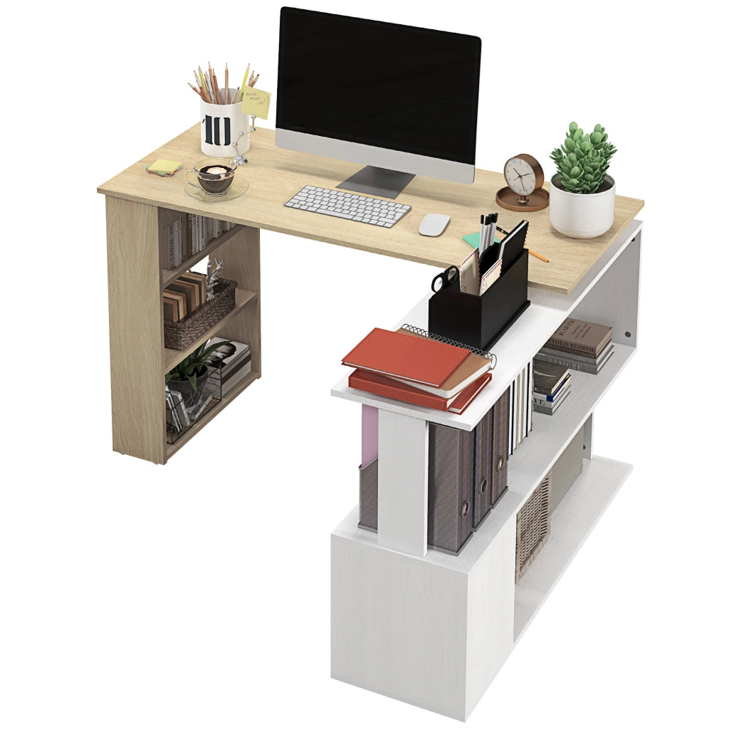 Scrivania angolare con libreria e scaffali ¨C zephmum ¨C bianco e legno naturale