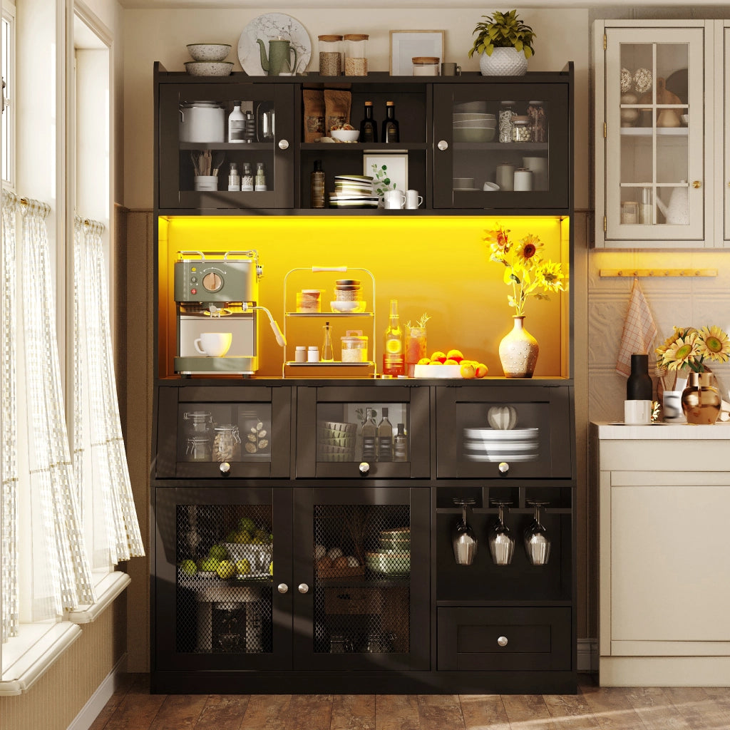 Credenza alta da cucina con LED, porta in vetro e ripiani regolabili, USB, in MDF nero, 120 × 40 × 181.7 cm