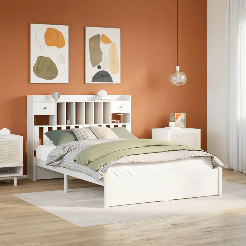 Letto Libreria senza Materasso-Struttura Letto con contenitore Bianco 150x200 cm Legno di Pino 508056