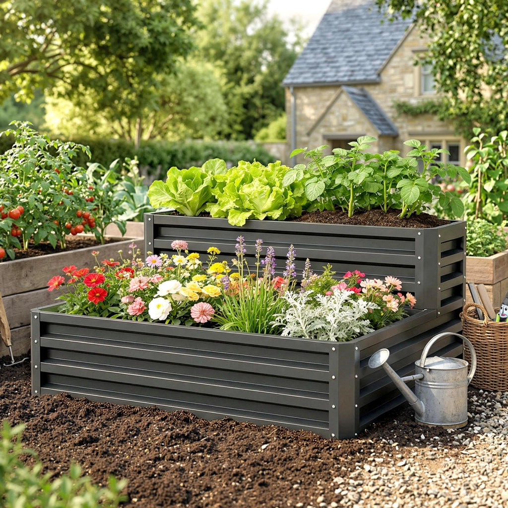 Letto da giardino a due livelli per orto ¨C zephmum ¨C grigio scuro 120x101x58 cm
