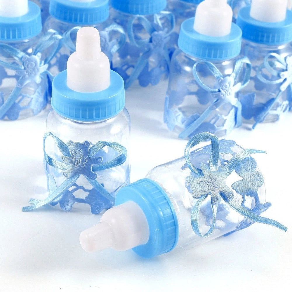 Trade Shop - Set Bomboniera Portaconfetti Per Battesimo Nascita Bottiglia Biberon Azzurro Blu -