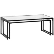 Tavolo da pranzo - set 2 tavolini - piano in vetro - acciaio nero - per soggiorno e camera da letto