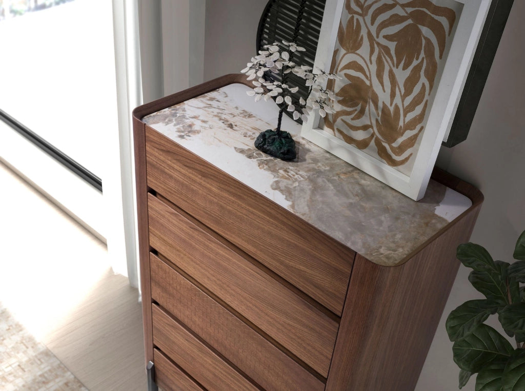 Chiffoniera in noce e acciaio scuro metallizzato con piano in marmo porcellanato