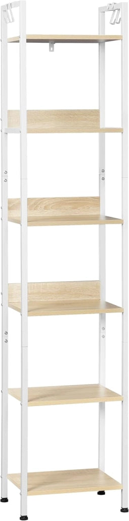 Libreria a 6 Ripiani, Scaffale con 4 Ganci Industriale, Scaffale a Scala in MDF e Metallo per Soggiorno, Cucina, Studio, Ufficio,Bianco,40x30x187cm RGB931hov