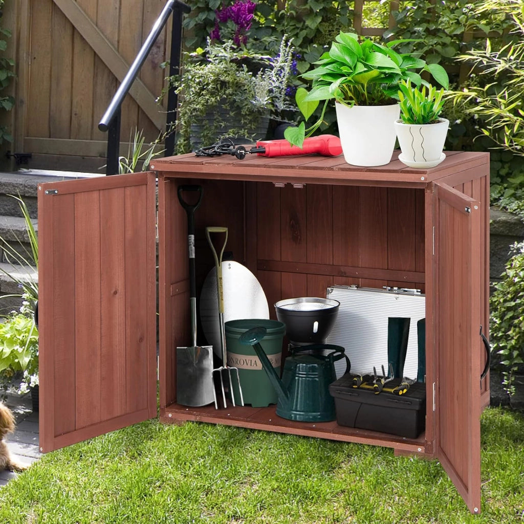 Casetta da Giardino in Legno di Abete, Capanno da Esterno con Doppie Ante Magnetiche e Comode Maniglie, Ideale per Giardino, Giardino, Fattoria e Cortile, 77 x 56 x 72 cm