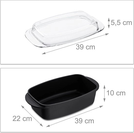 Griglia per forno con coperchio in vetro, rivestimento antiaderente, teglia per forno, alimento in alluminio, resistente a lavastoviglie, 39 cm, nero