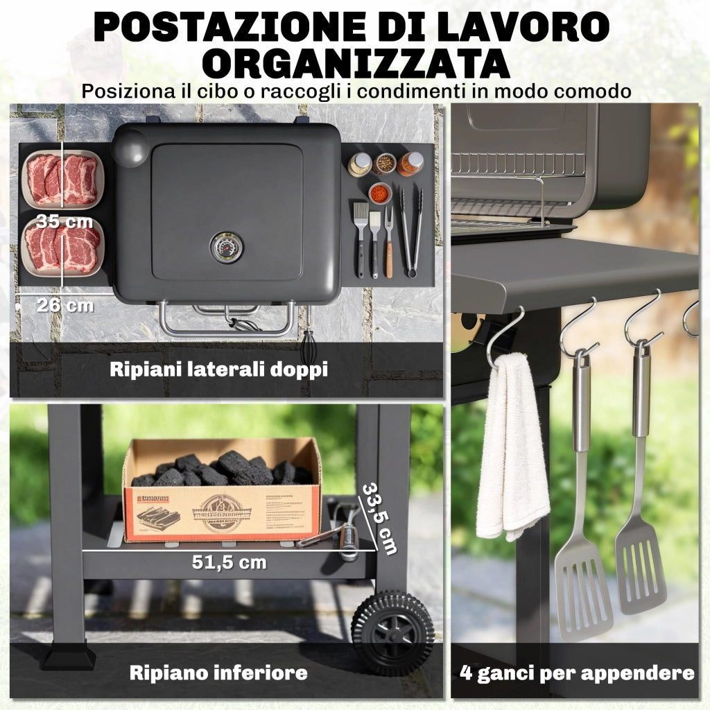 Barbecue a Carbone, Griglia Smoker con Ruote per Uso Esterno, Nero