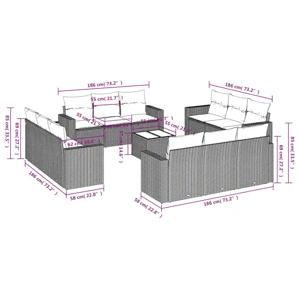 Set Divani da Giardino 13 pz con Cuscini Marrone in Polyrattan