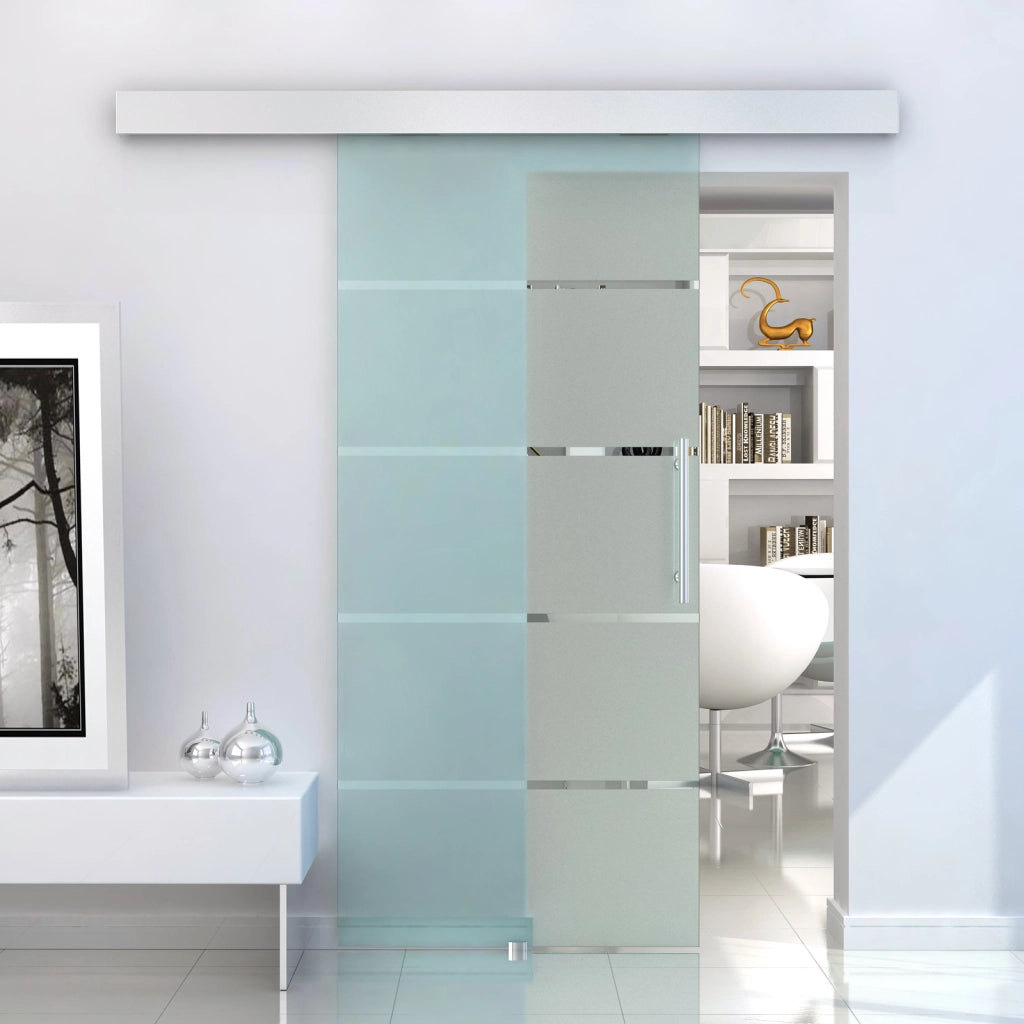 Porta Scorrevole Interna in Vetro Smerigliato e Satinato con Binario B2 e Maniglia per Bagno Cucina Studio Vetro 205x 102.5x 0,8cm