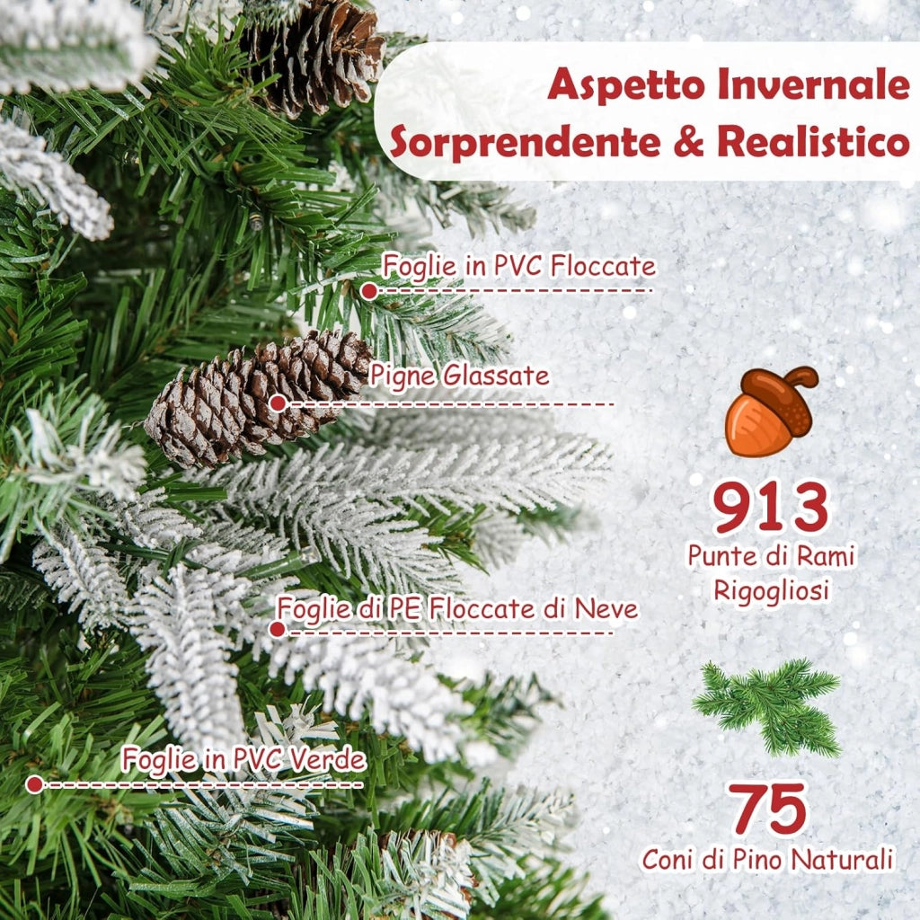 Albero di Natale Slim Pre-Luminoso 225 CM, Albero di Natale Artificiale Innevato con 350 Luci LED Bianche Calde, Rami Articolati e 913 Punte e 75 Pigne (225 CM)