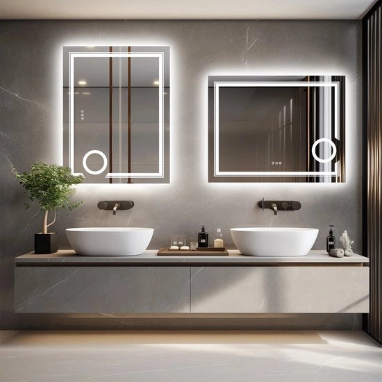 Specchio Bagno con LED - Trucco - Anti Condensa - Sezione Ingrandita - Illuminazione LED - Regolabile Rettilineo - 70 x 90 CM