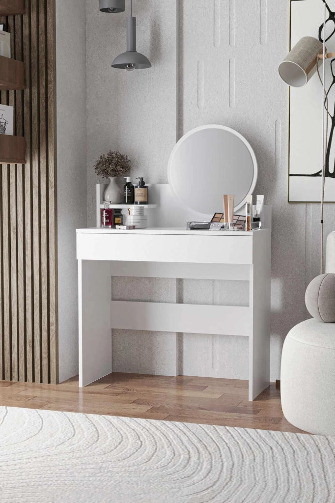 Comodino "Harmony Mini Round" con specchio in legno - 90 x 40 x 133 cm - Bianco