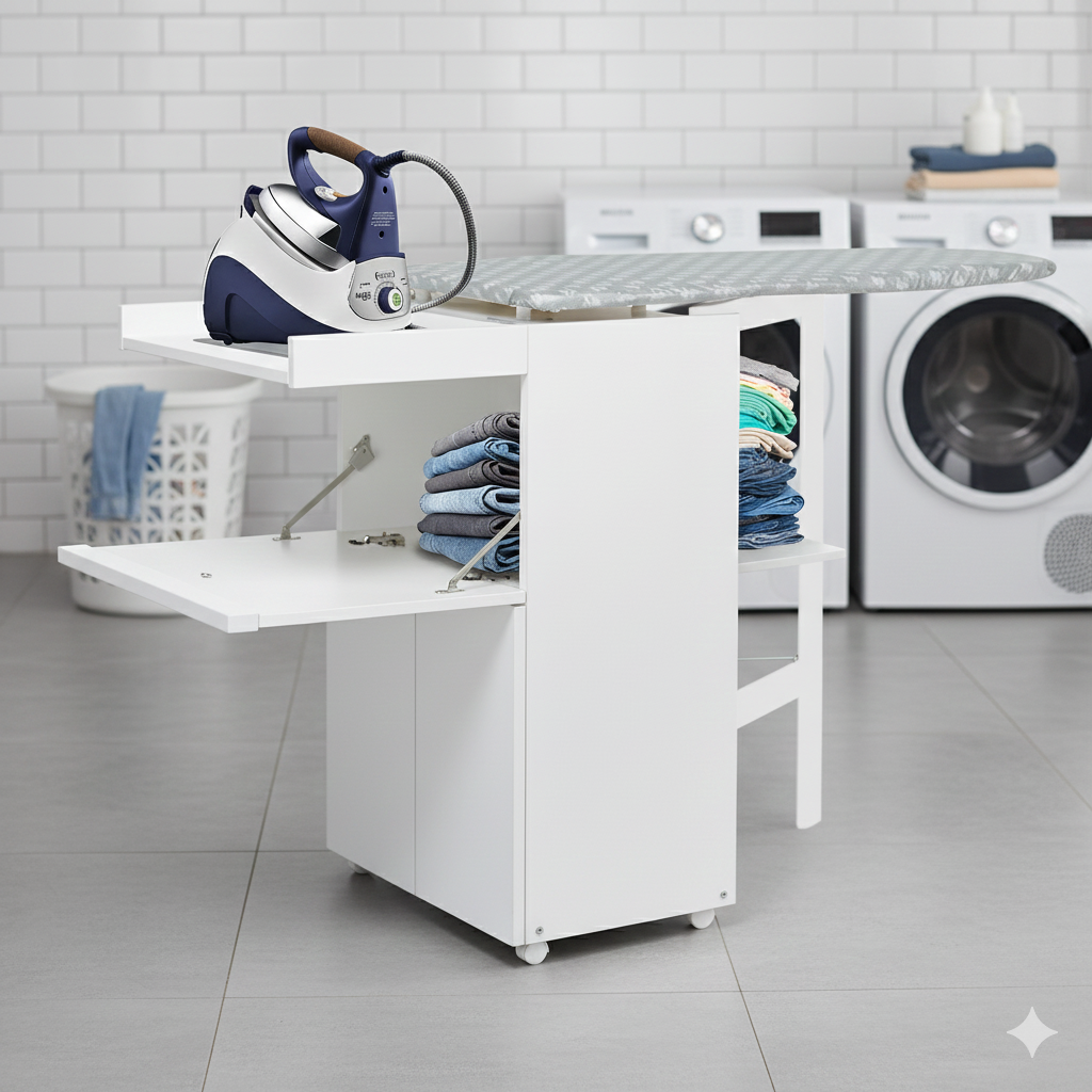 Mobile Asse da Stiro a Scomparsa Salvaspazio Richiudibile 55x38x90,5 cm In MDF Bianco