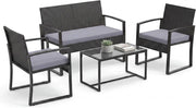 Set di Salotto da Esterno in Rattan PE, Mobili da Giardino con Divano 2 Posti, 2 Poltrone, Tavolino in Vetro Temperato e Cuscini Morbidi, Set Salottino per Terrazza, Balcone, Piscina (Grigio)