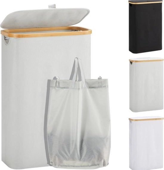 Lavatrice con coperchio - 48 litri - raccolta acqua - sottile - asciugamani - lavatrice pieghevole - legno - bambù - alta lavatrice - grigio Lavatrice 2.0