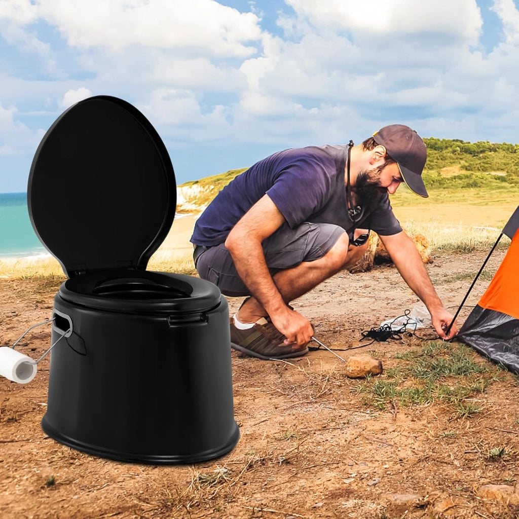Toilette Portatile WC Chimico, WC da Viaggio Leggero con Secchio Interno Rimovibile,Water Portatile per Adulti e Anziani con Portarotolo, Supporto Carico 200 KG, 41 x 49 x 34 cm (Nero)